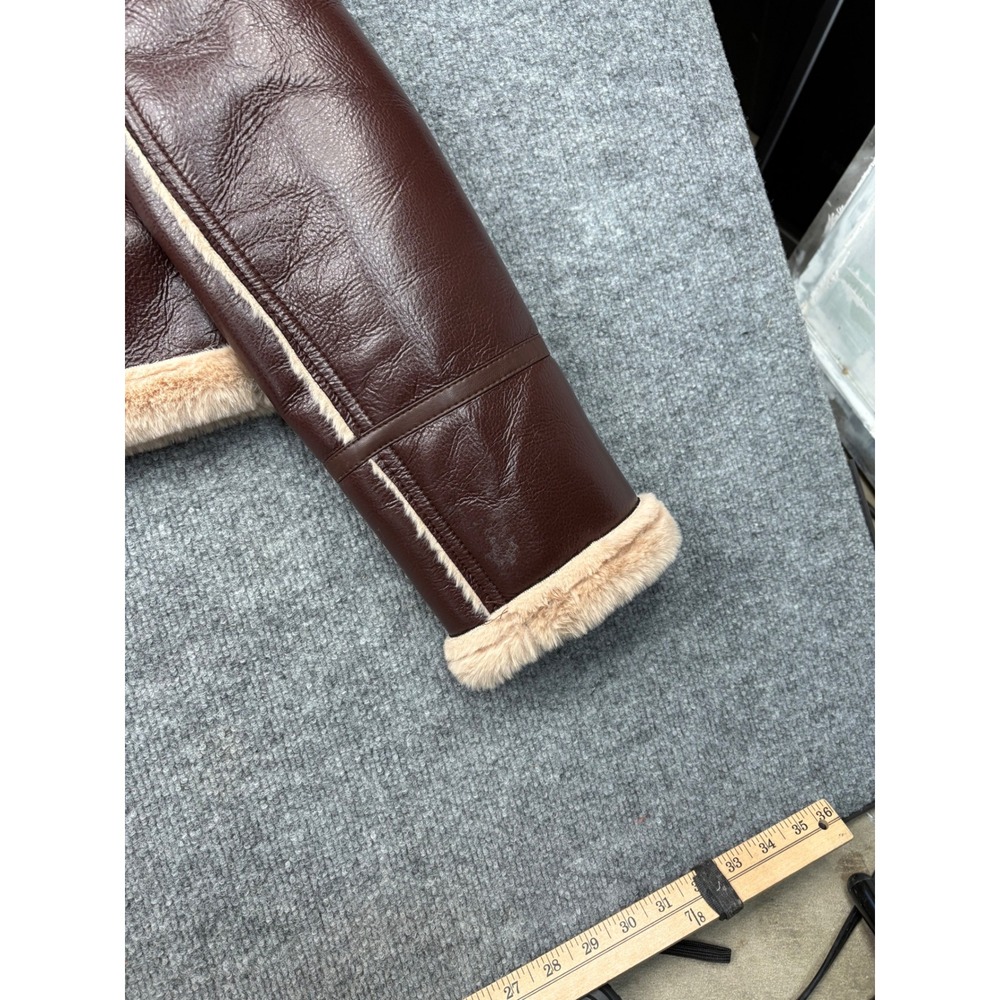 36points Womens Small Burgundy Faux Leather Aviator Bomber Jacket Faux Fur Trim - Picture 12 of 16